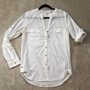 Calvin Klein sheer long sleeve white button up top
